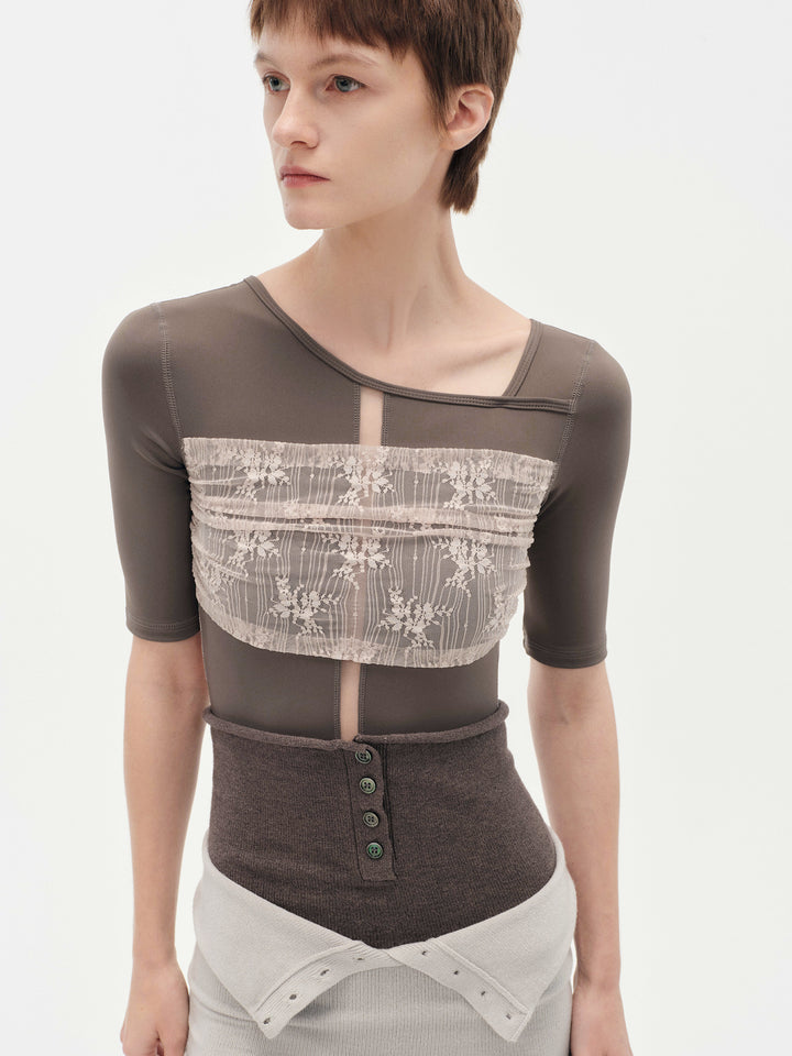 Typha Ballet Leotard | Brown with Nude Pink Lace Short Sleeves