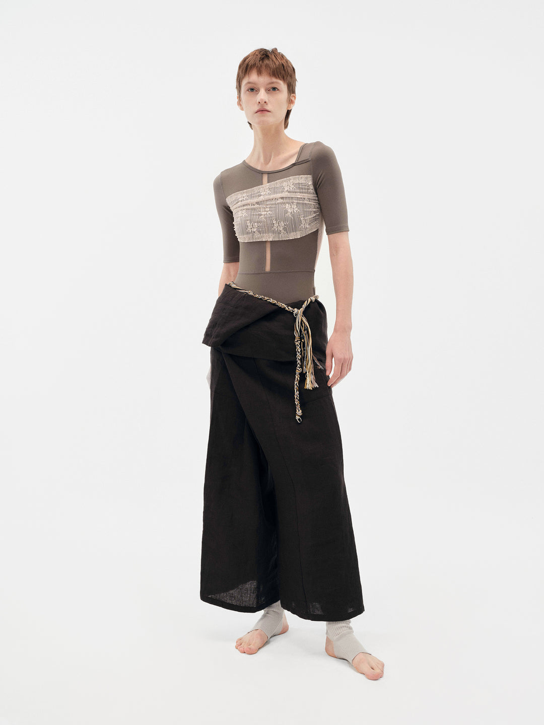 Typha Ballet Leotard | Brown with Nude Pink Lace Short Sleeves