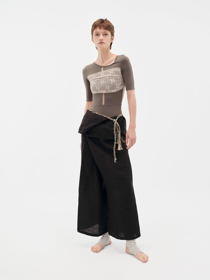 Typha Ballet Leotard | Brown with Nude Pink Lace Short Sleeves