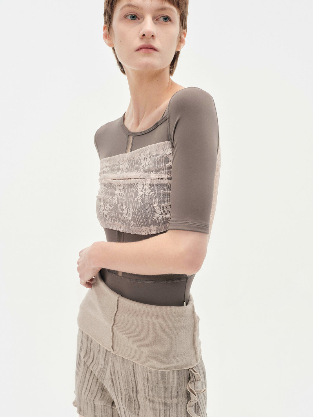 Typha Ballet Leotard | Brown with Nude Pink Lace Short Sleeves