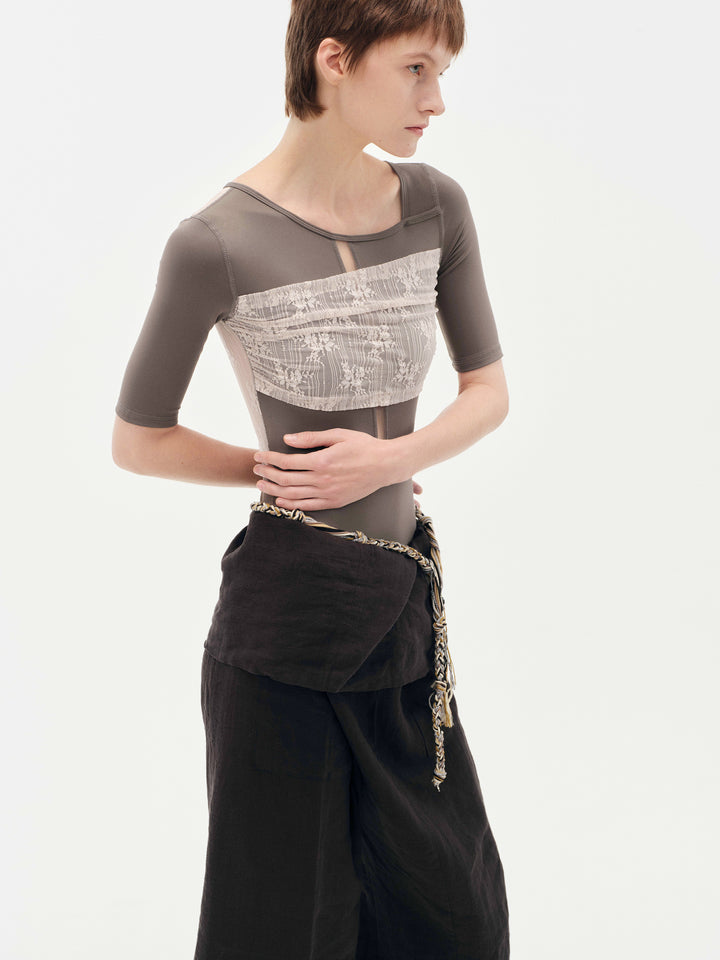 Typha Ballet Leotard | Brown with Nude Pink Lace Short Sleeves